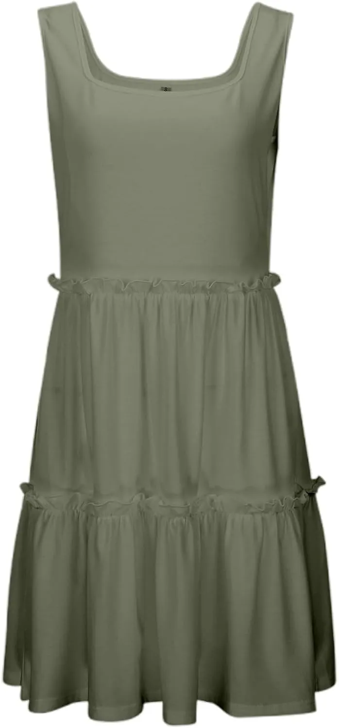 Sun Dresses for Women 2025 Vacation Sleeveless Smocked Tiered Short Dress Casaul a Line Square Neck Mini Dresses