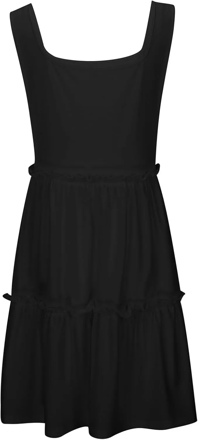 Sun Dresses for Women 2025 Vacation Sleeveless Smocked Tiered Short Dress Casaul a Line Square Neck Mini Dresses