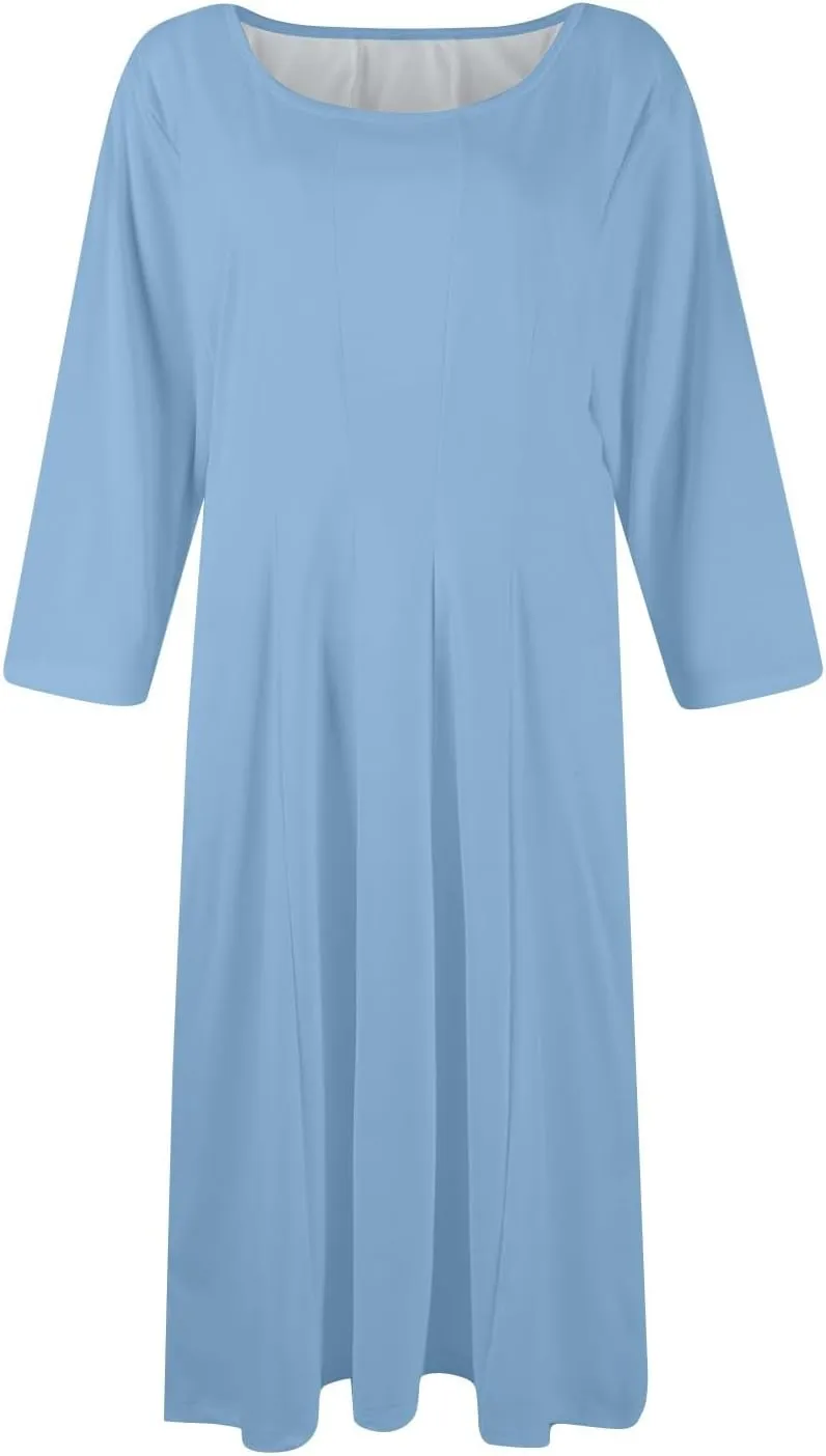 Sun Dresses for Women 2025 Vacation, Spring Casual Round Neck Three-Quarter Sleeve Solid Midi Dress