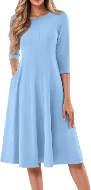Sun Dresses for Women 2025 Vacation, Spring Casual Round Neck Three-Quarter Sleeve Solid Midi Dress
