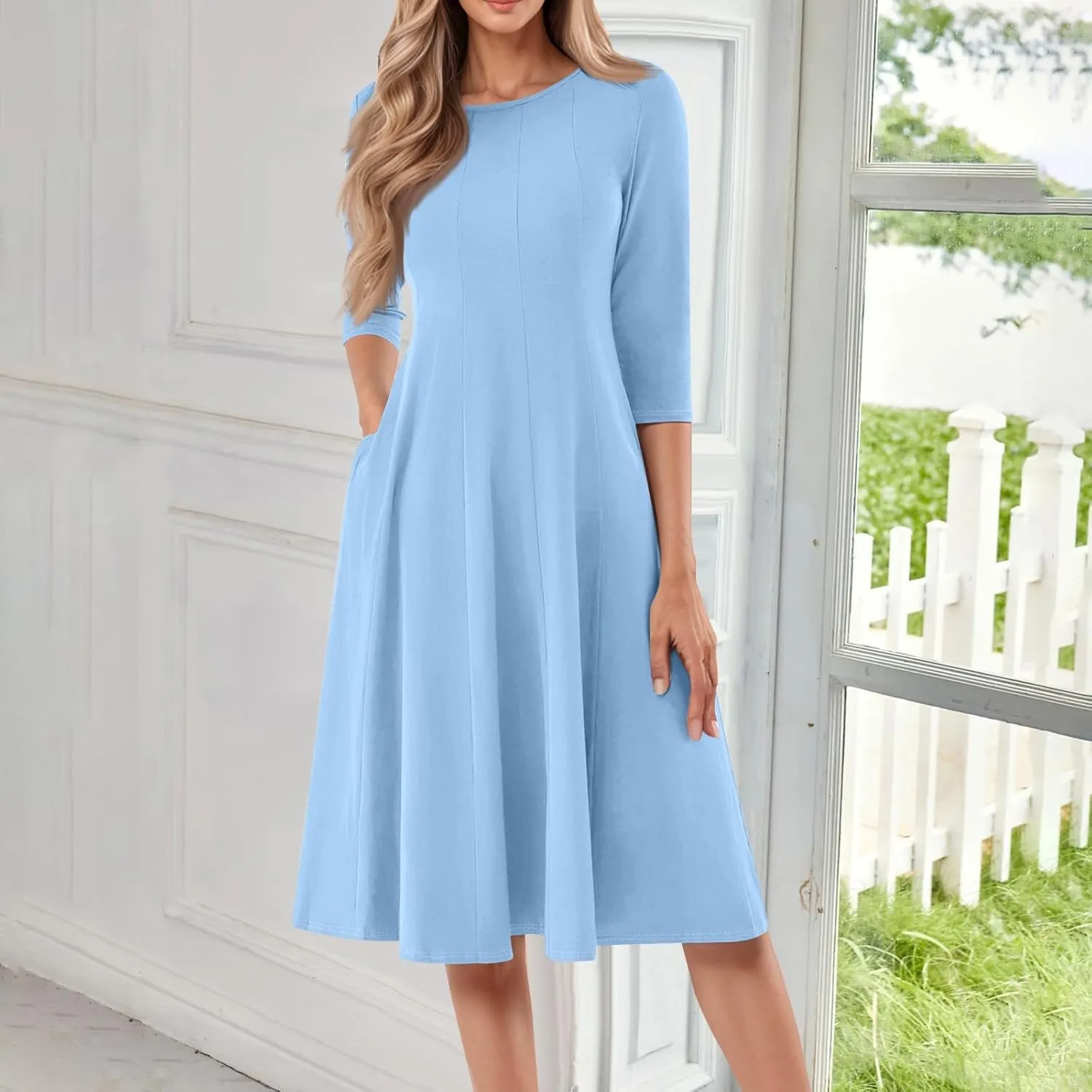 Sun Dresses for Women 2025 Vacation, Spring Casual Round Neck Three-Quarter Sleeve Solid Midi Dress