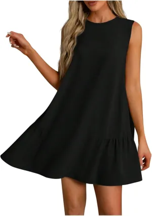 Sun Dresses for Women 2025 Vacation Summer Ruffle Crewneck Sleeveless Tank Mini Dress Shift Date Outfits