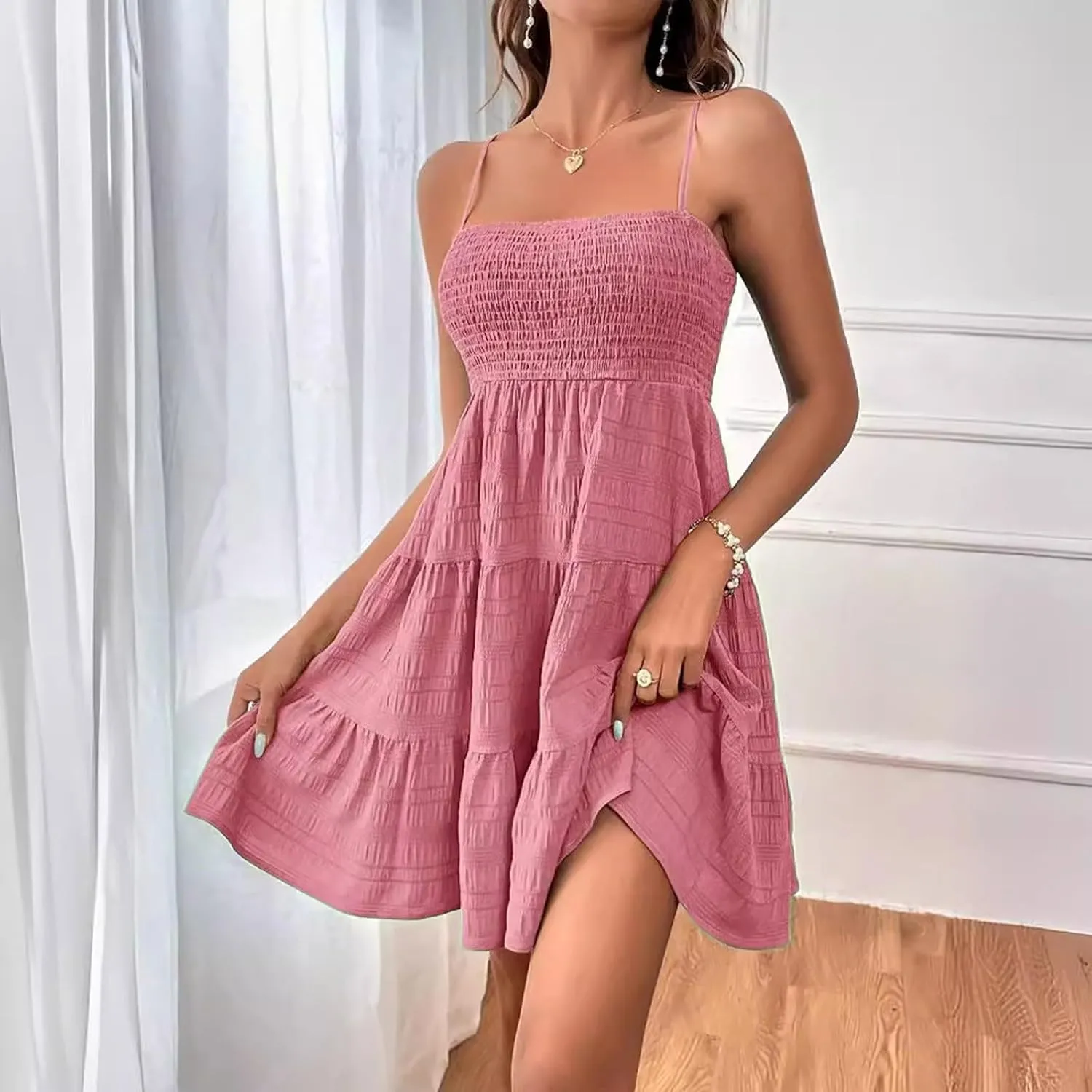 Sundress for Women Cute Spaghetti Strap Smocked Tiered Holiday Casual Summer Boho Flowy Swing Beach A-Line Mini Dress