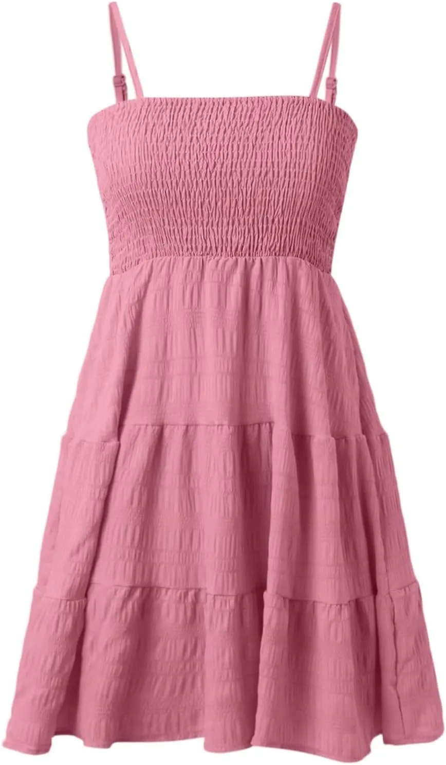 Sundress for Women Cute Spaghetti Strap Smocked Tiered Holiday Casual Summer Boho Flowy Swing Beach A-Line Mini Dress