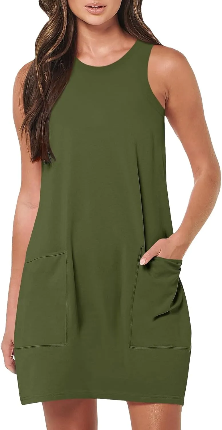 Sundresses for Women 2024 Casual Sleeveless Summer Tank Dress with Pockets Boho Beach Dress Vacation Swing Mini Dress