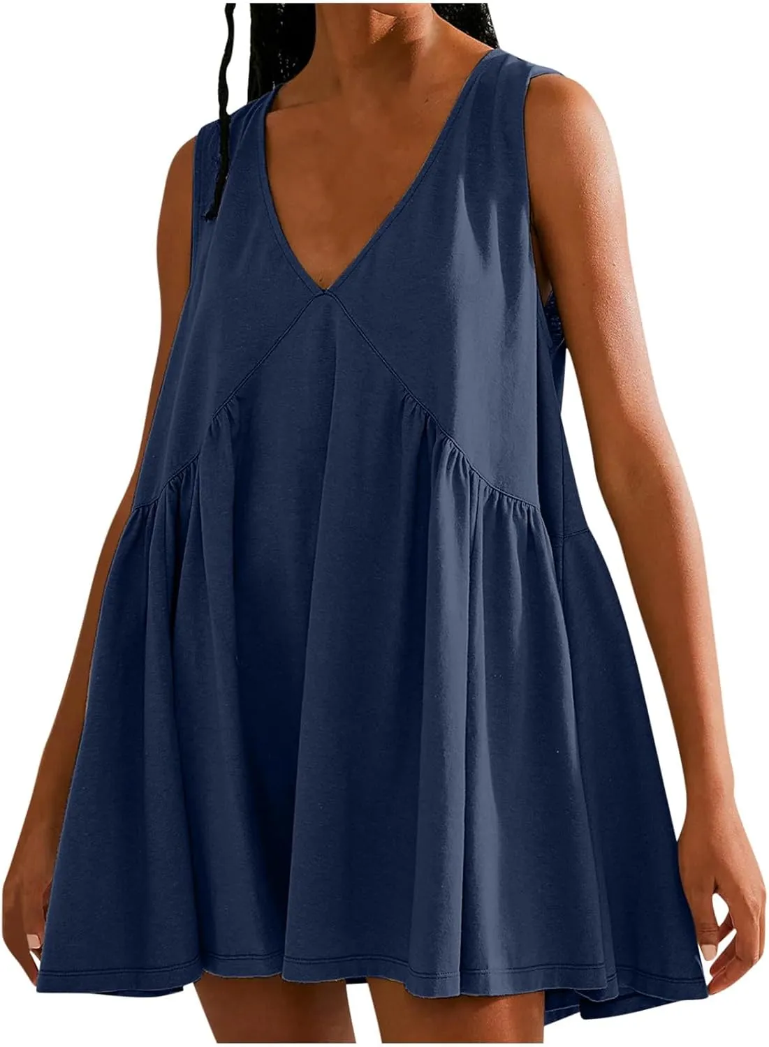 Sundresses for Women 2024 Solid Sleeveless Ruffle Mini Dresses Summer Casual Loose V Neck Solid Dress Going Out Beach