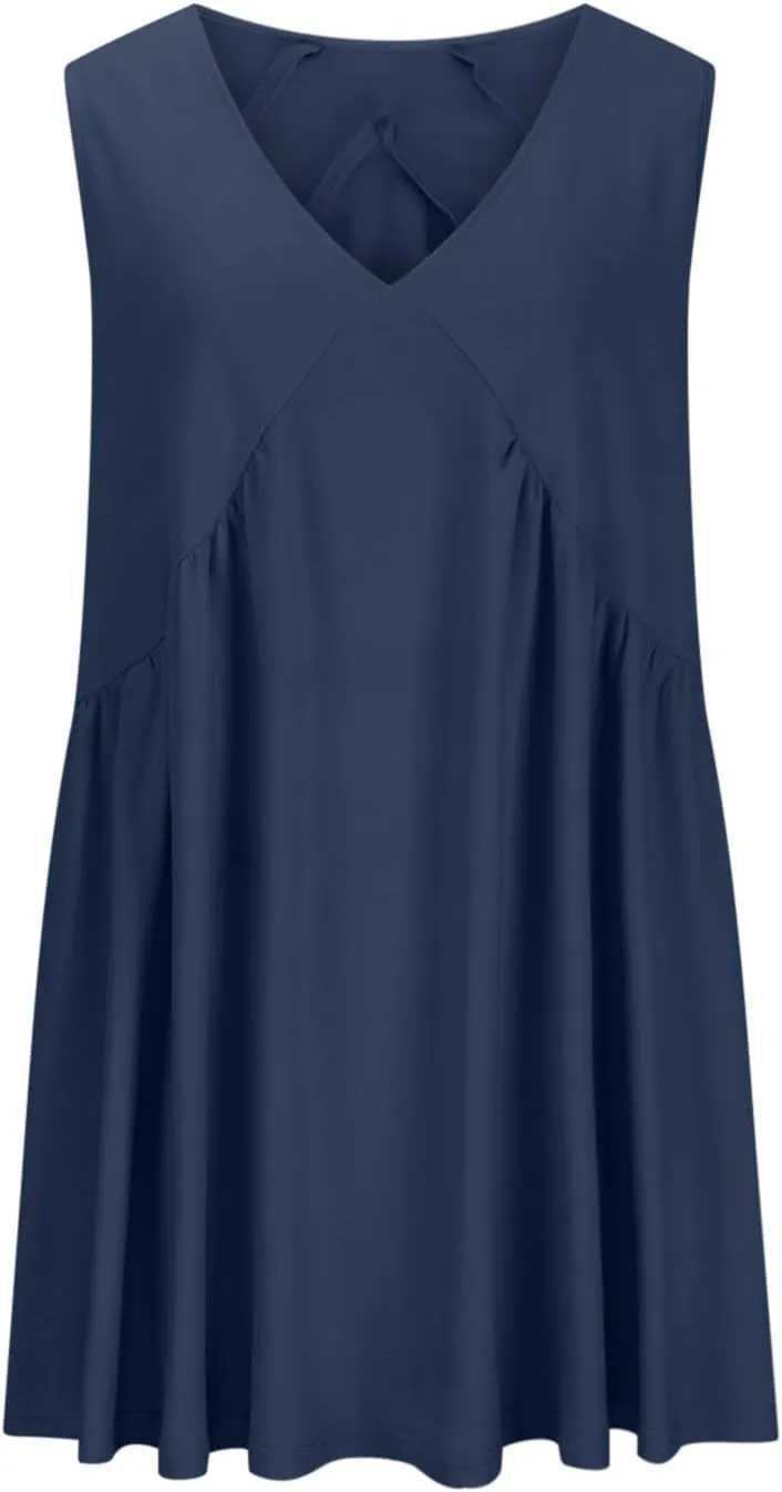 Sundresses for Women 2024 Solid Sleeveless Ruffle Mini Dresses Summer Casual Loose V Neck Solid Dress Going Out Beach