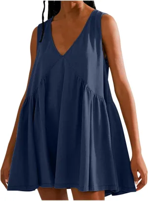 Sundresses for Women 2024 Solid Sleeveless Ruffle Mini Dresses Summer Casual Loose V Neck Solid Dress Going Out Beach