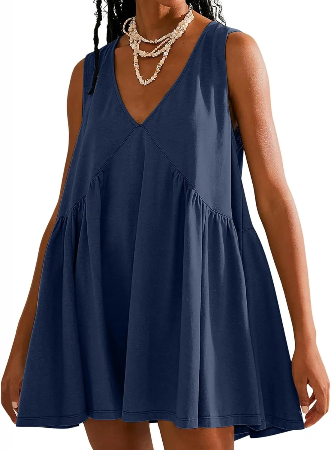 Sundresses for Women 2024 Solid Sleeveless Ruffle Mini Dresses Summer Casual Loose V Neck Solid Dress Going Out Beach