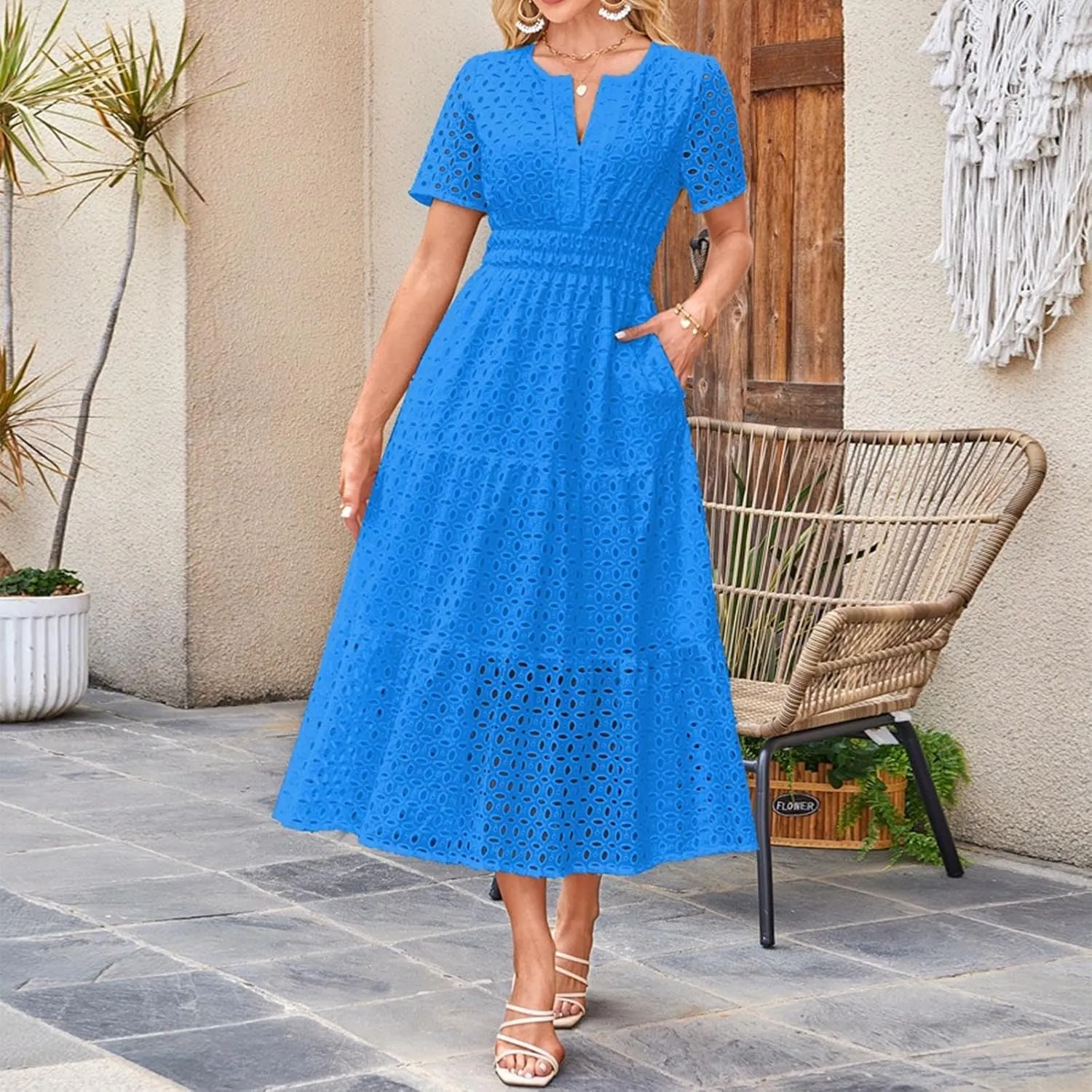 Sundresses For Women 2025 Vacation Maxi Women Summer Casual Dress Short Sleeve V Neck Ruffle Flowy Boho Beach Dresses