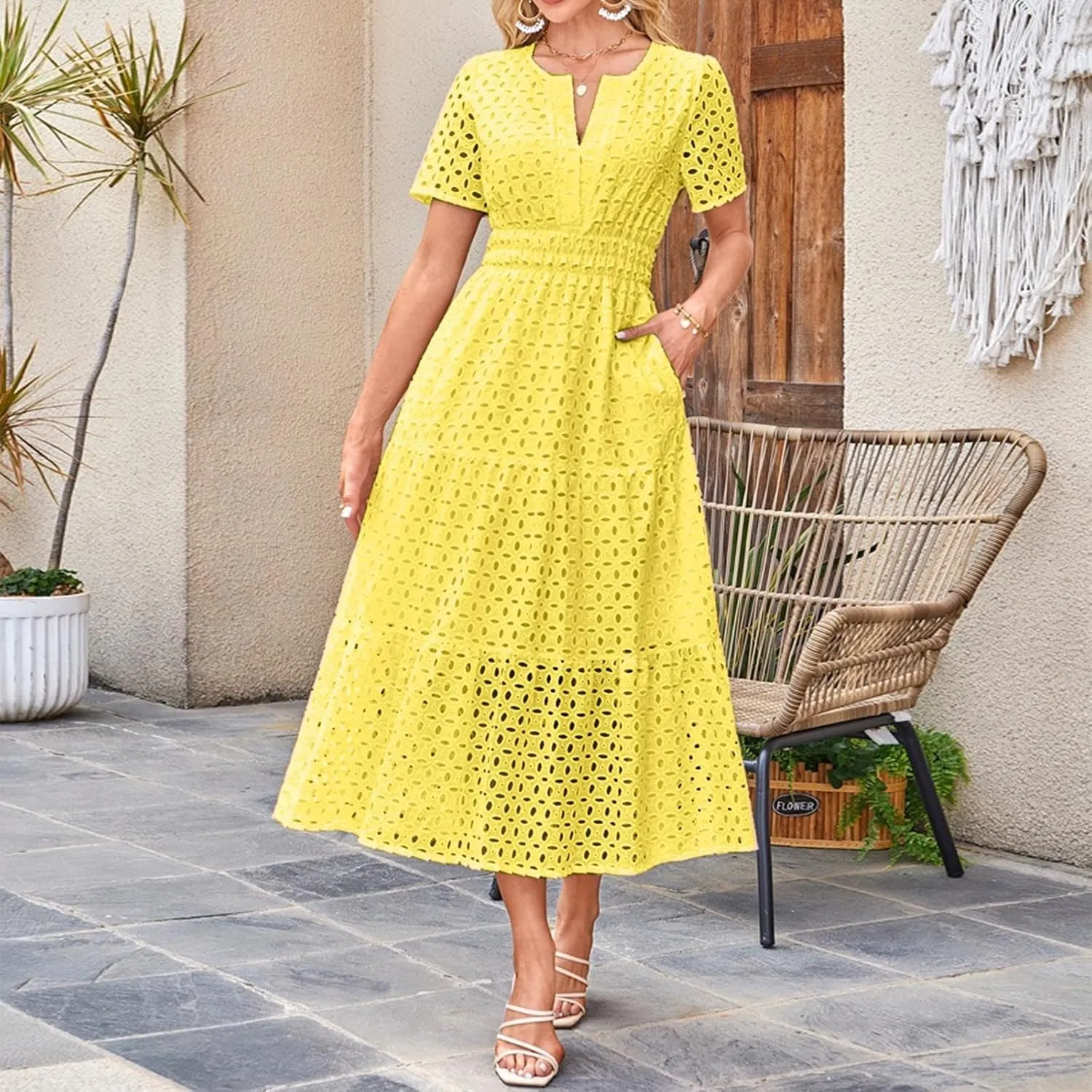 Sundresses For Women 2025 Vacation Maxi Women Summer Casual Dress Short Sleeve V Neck Ruffle Flowy Boho Beach Dresses