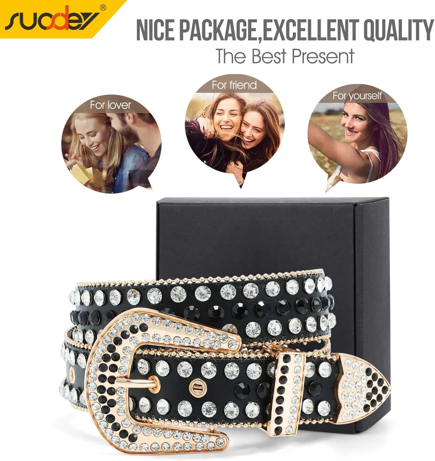 SUOSDEY Rhinestone Belt for Men Women Western Cowboy Cowgirl Bling Studded Leather Belt for Jeans Pants