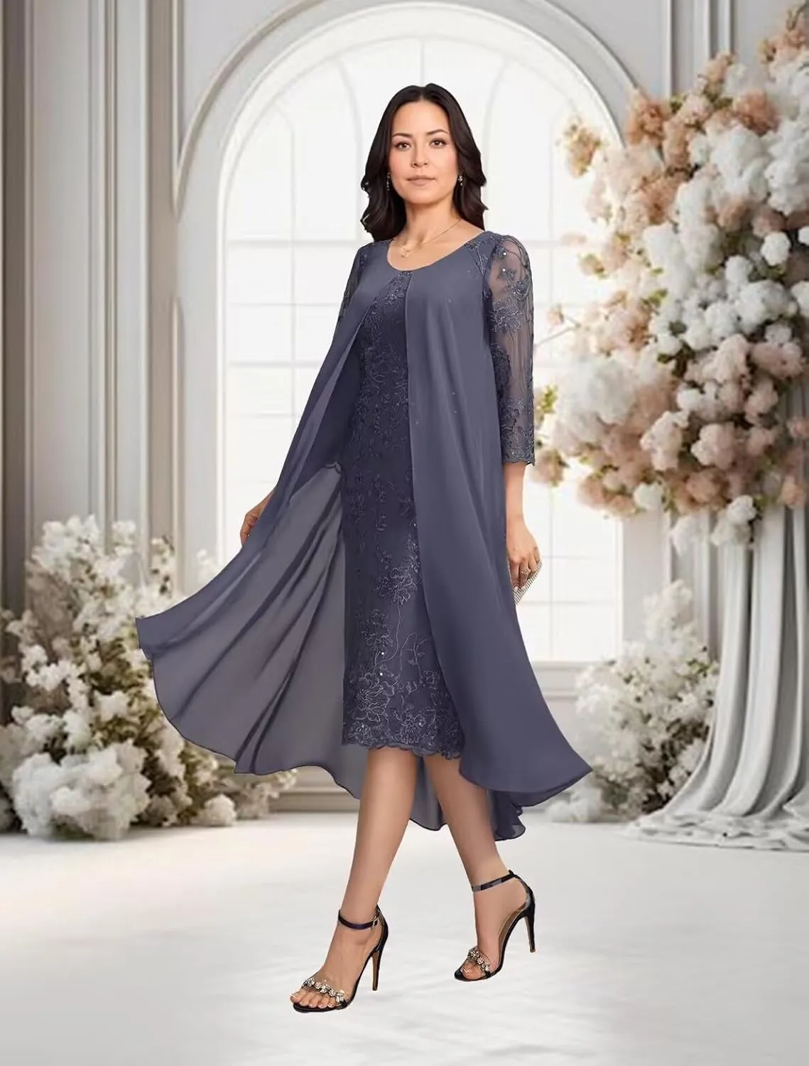 Tea Length Mother of The Bride Dresses Laces Appliques Chiffon Formal Evening Prom Dress Mother Groom Dress