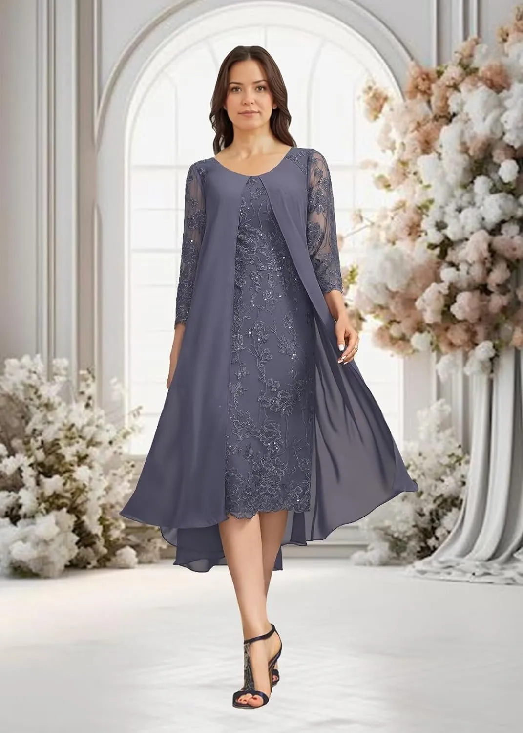 Tea Length Mother of The Bride Dresses Laces Appliques Chiffon Formal Evening Prom Dress Mother Groom Dress