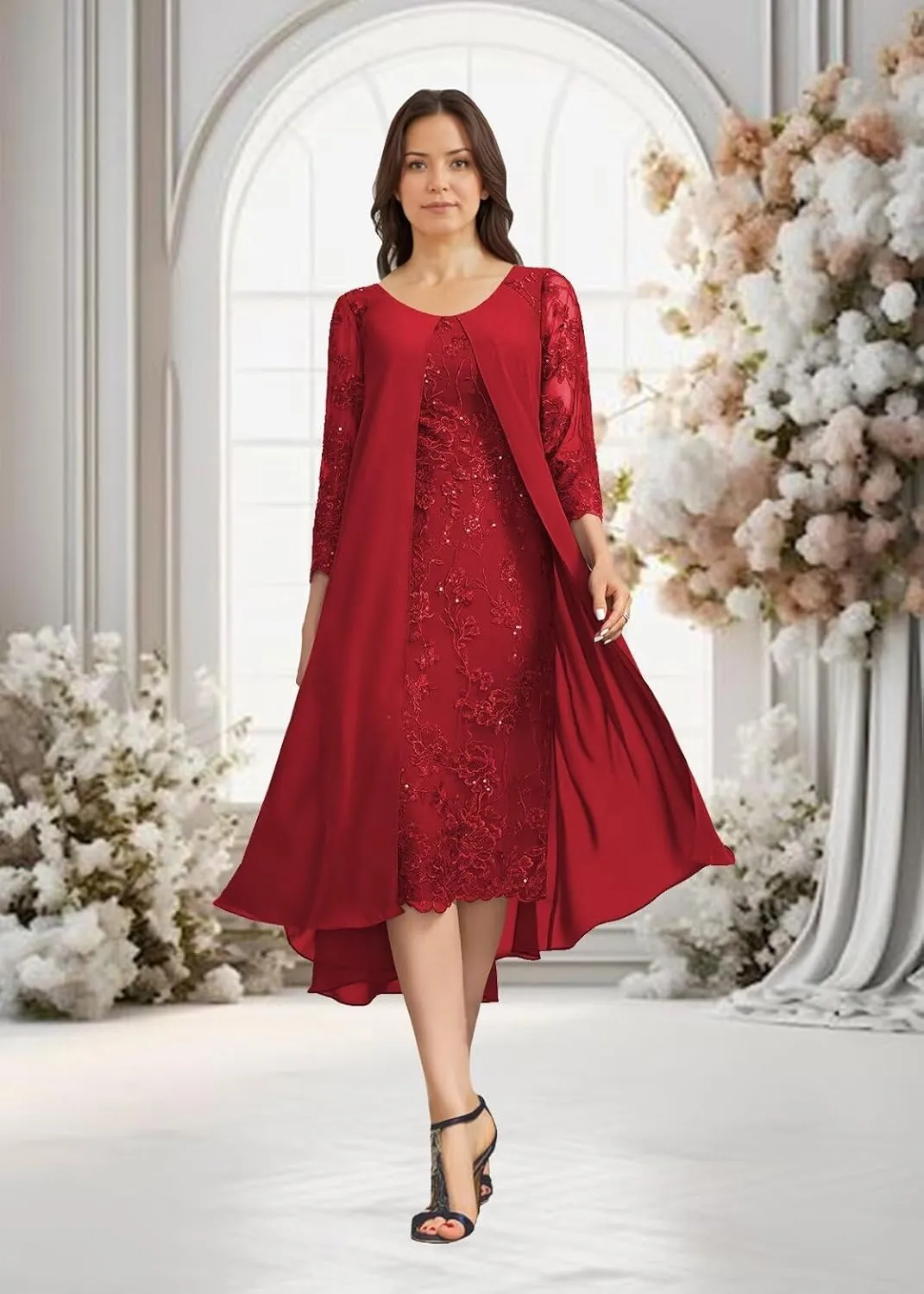 Tea Length Mother of The Bride Dresses Laces Appliques Chiffon Formal Evening Prom Dress Mother Groom Dress