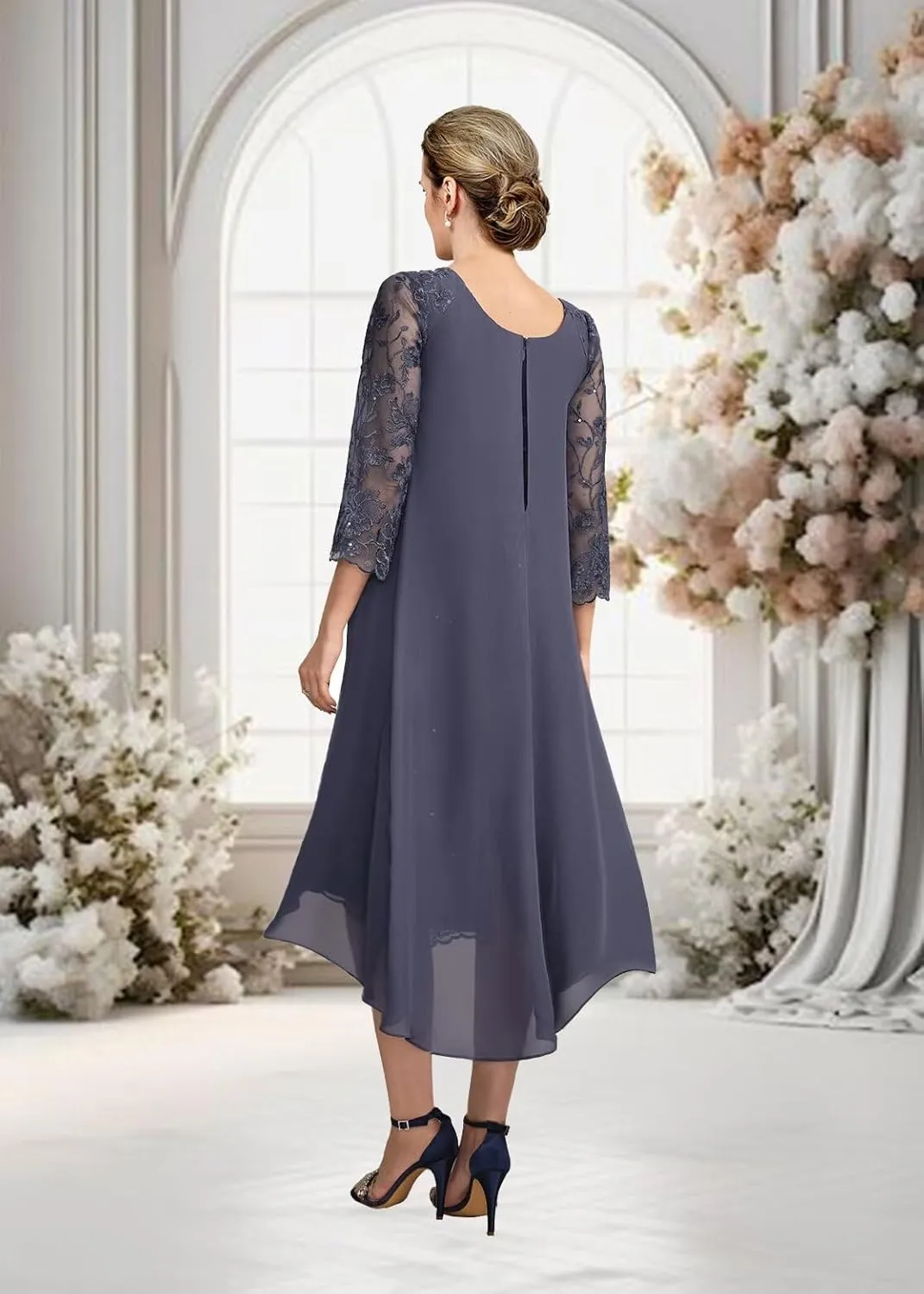 Tea Length Mother of The Bride Dresses Laces Appliques Chiffon Formal Evening Prom Dress Mother Groom Dress