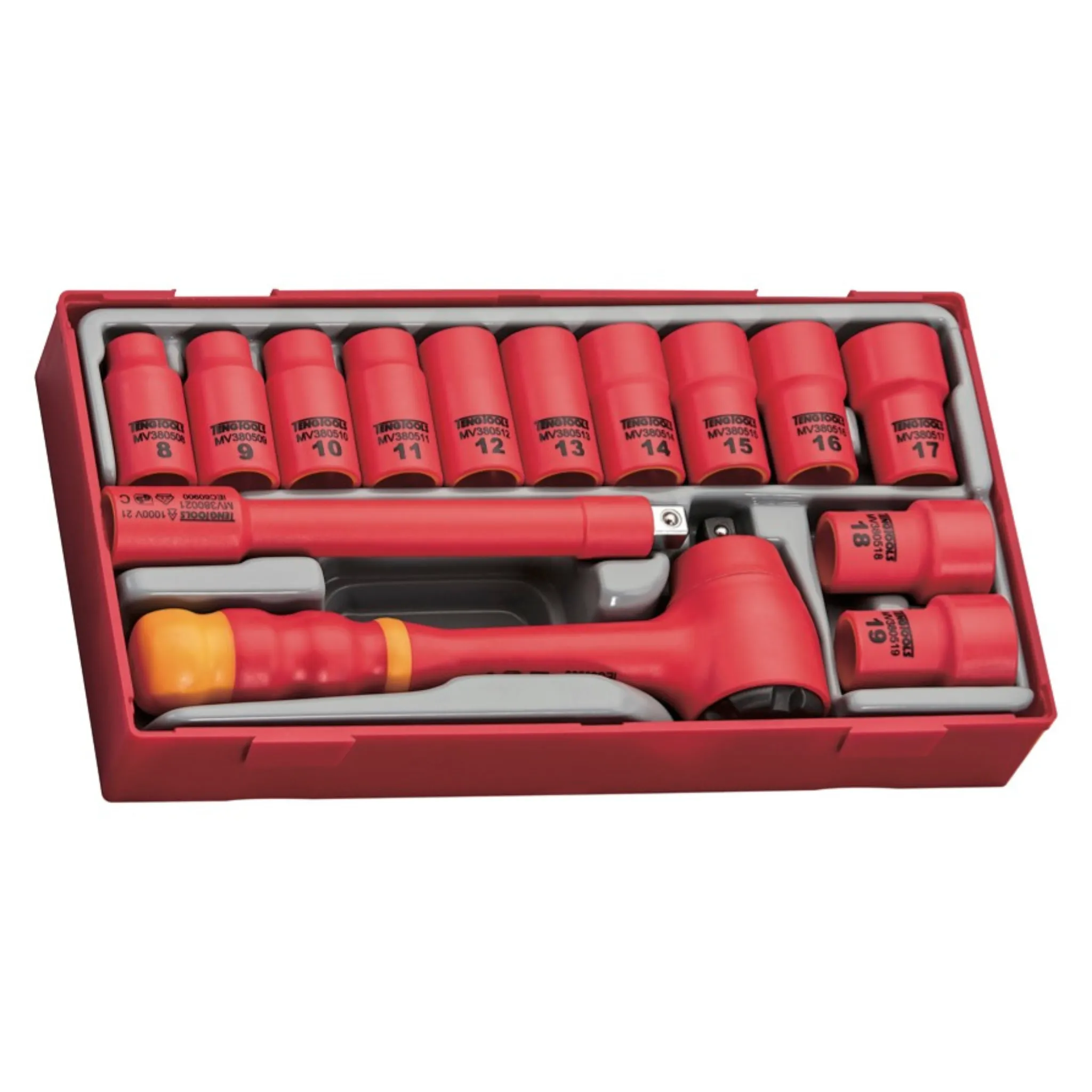 Teng Tools 37 Piece 1000 Volt Insulated 3/8 Inch Drive Socket, Plier, Torque Screwdriver & Mixed Screwdriver Portable Mechanics Tool Kit - TC-6T02