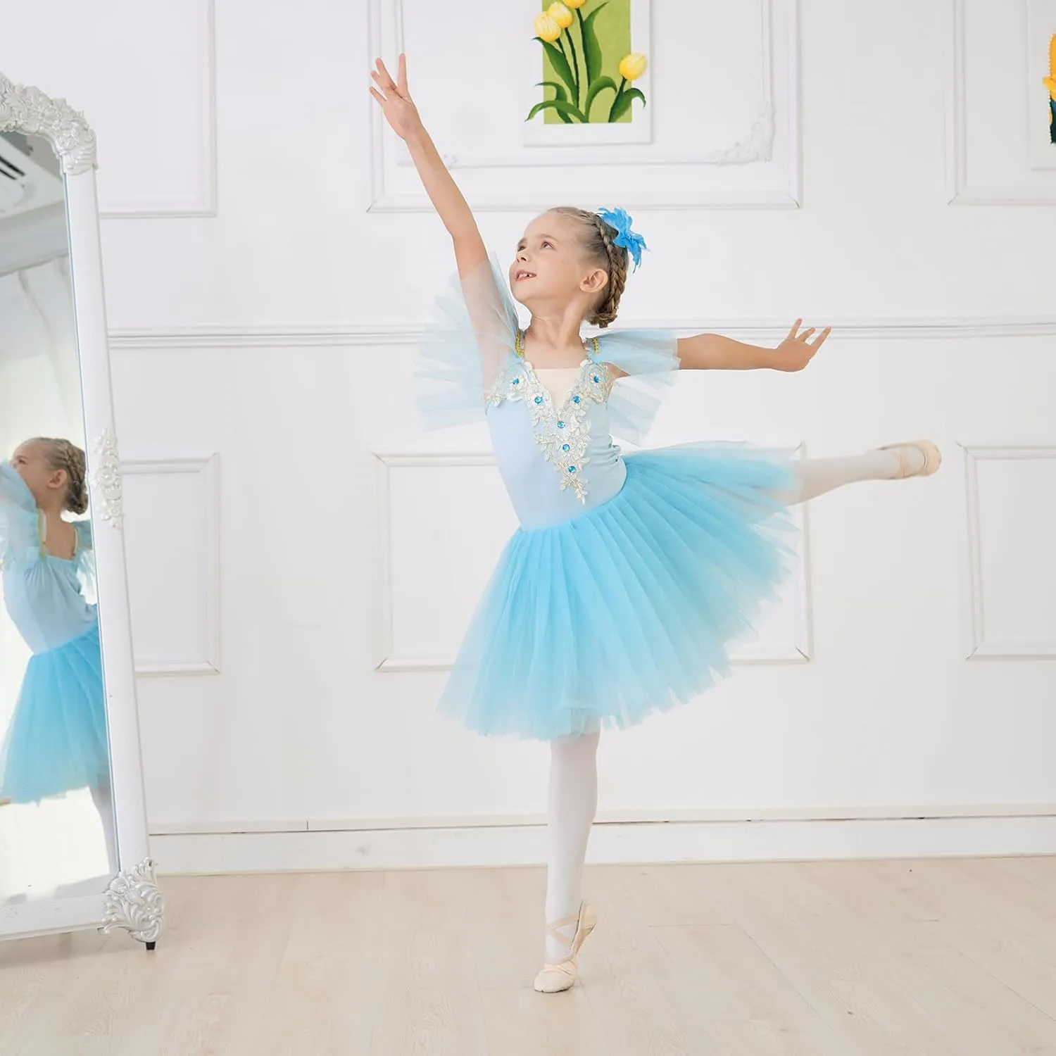 Toddler Ballet Leotards for Girls Glitter Tulle Skirt 2PCS Ruffle Sleeve Tutu Dresses with Hair Clip One Piece Outfits