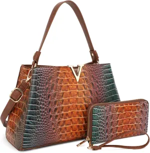 Top Handle Bag For Women, Crocodile Pattern Crossbody Designer Satchels, Adjustable Strap With Wallet For Ladies 2pcs