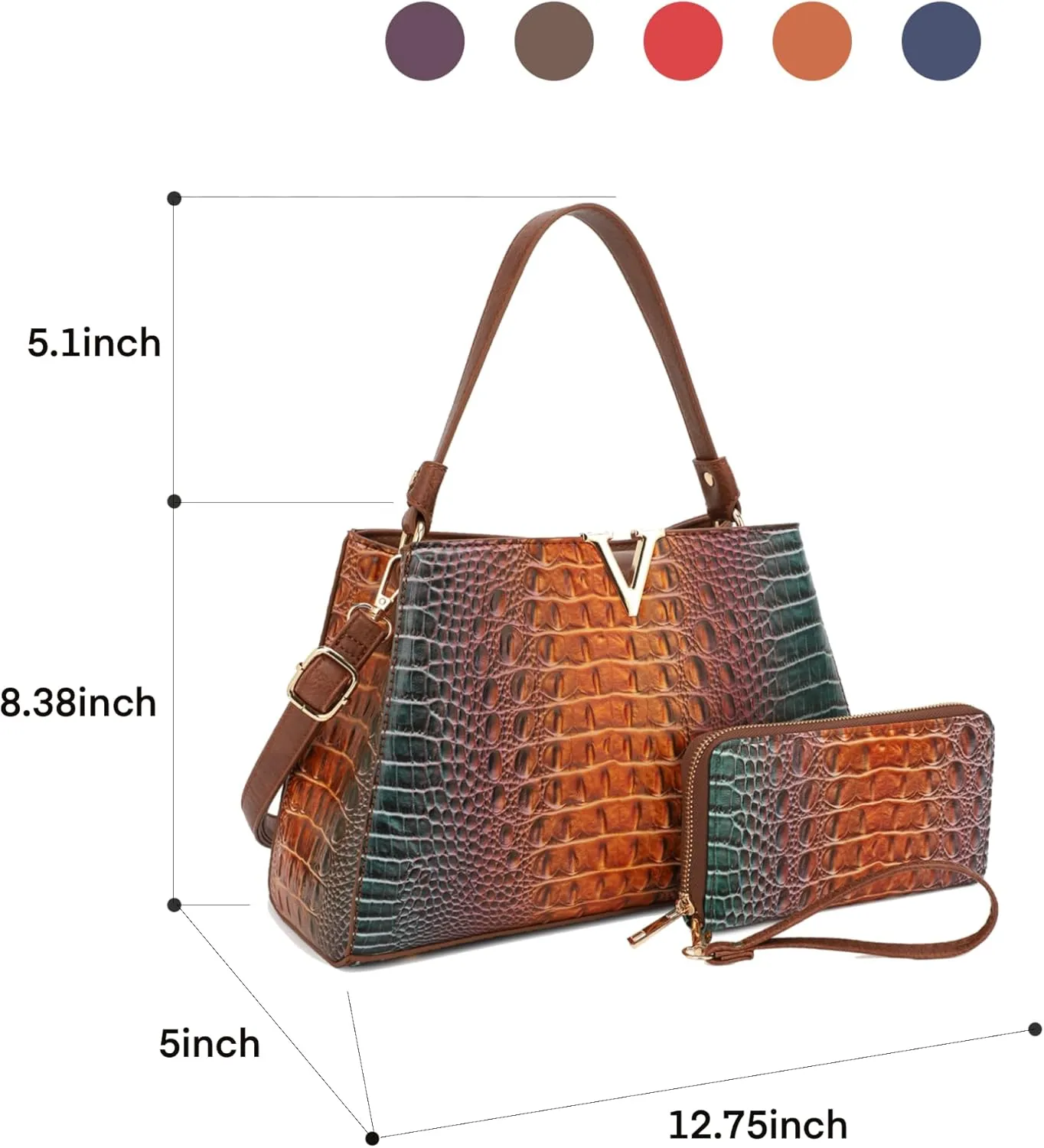 Top Handle Bag For Women, Crocodile Pattern Crossbody Designer Satchels, Adjustable Strap With Wallet For Ladies 2pcs