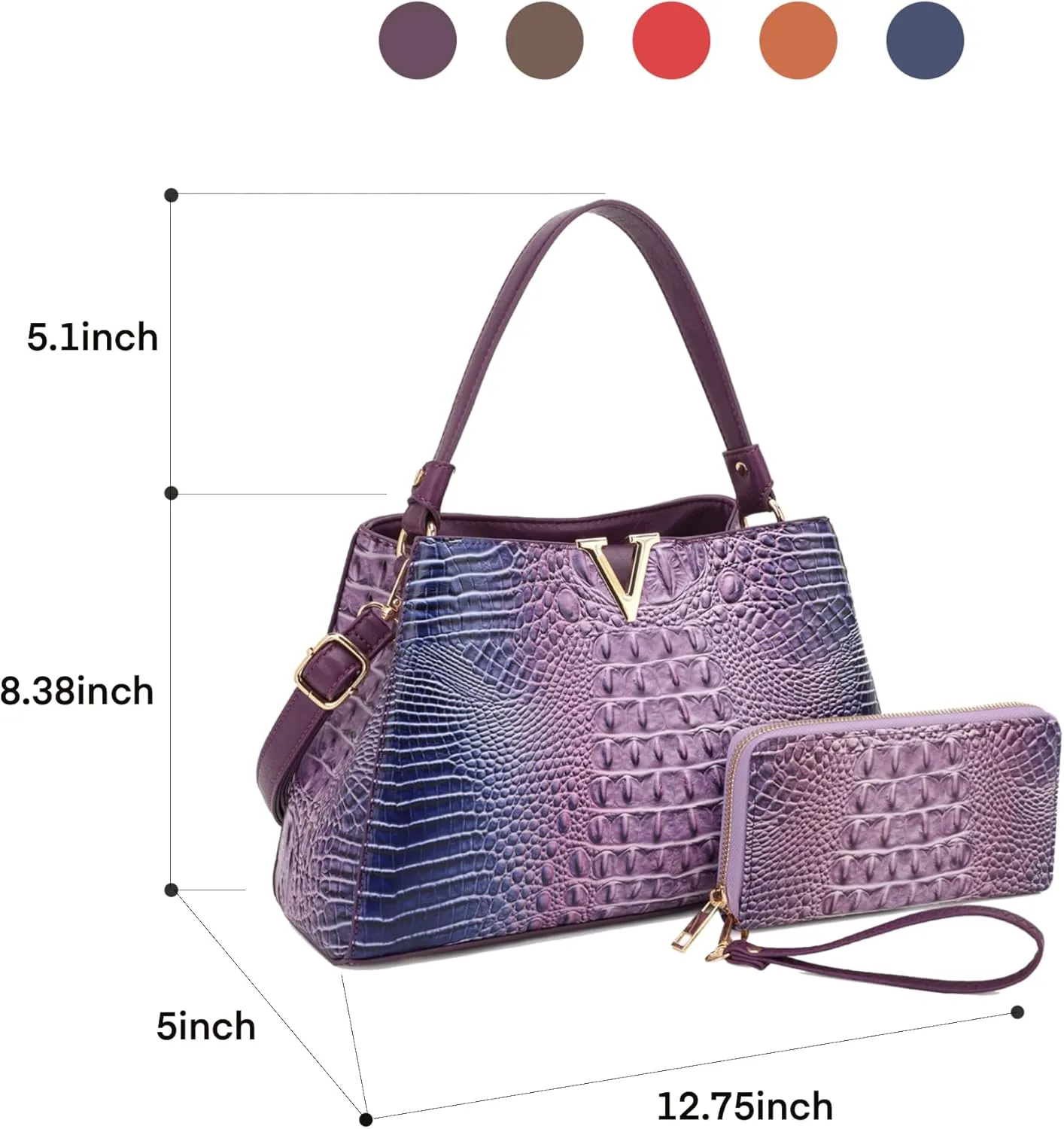 Top Handle Bag For Women, Crocodile Pattern Crossbody Designer Satchels, Adjustable Strap With Wallet For Ladies 2pcs