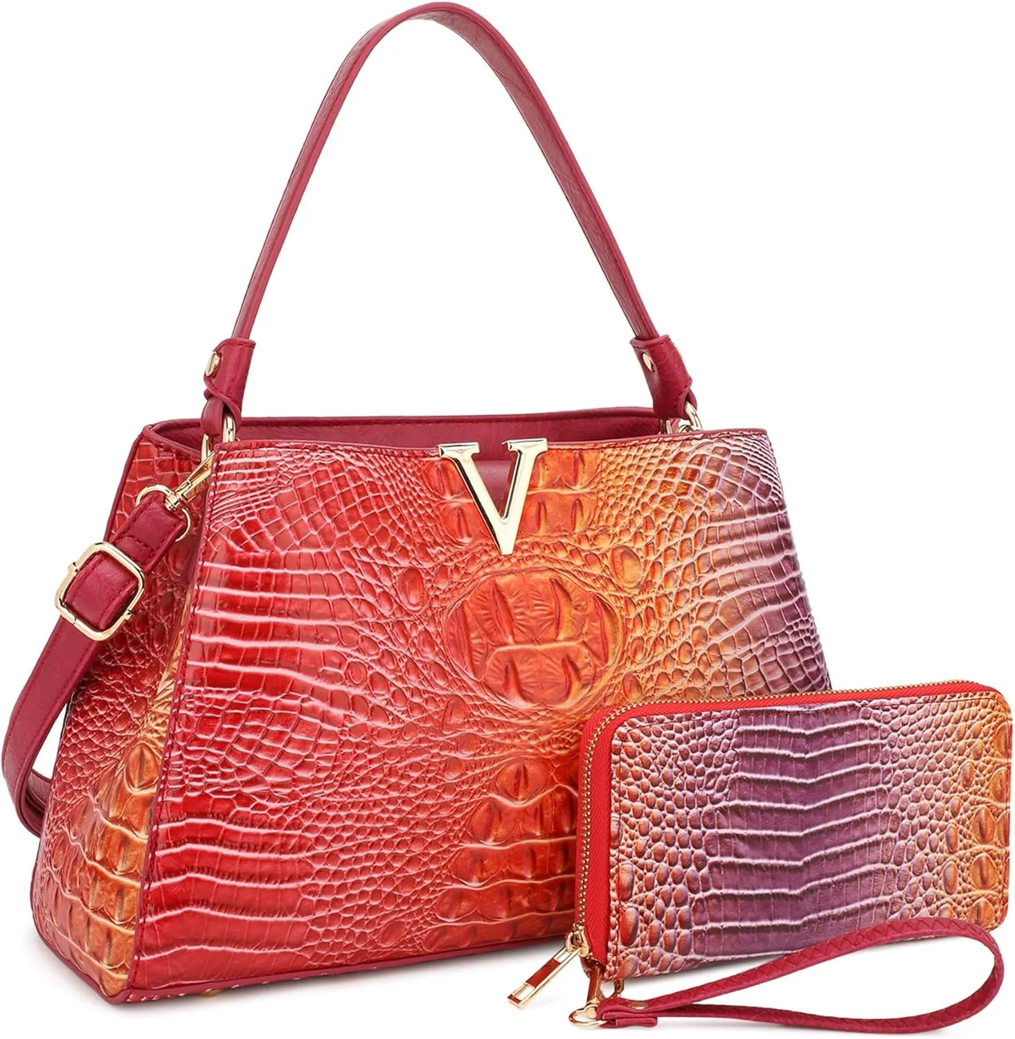 Top Handle Bag For Women, Crocodile Pattern Crossbody Designer Satchels, Adjustable Strap With Wallet For Ladies 2pcs