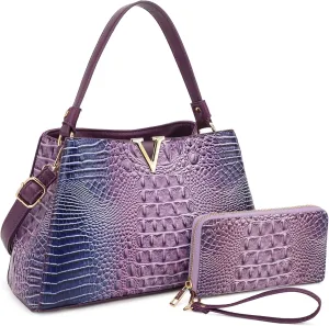 Top Handle Bag For Women, Crocodile Pattern Crossbody Designer Satchels, Adjustable Strap With Wallet For Ladies 2pcs