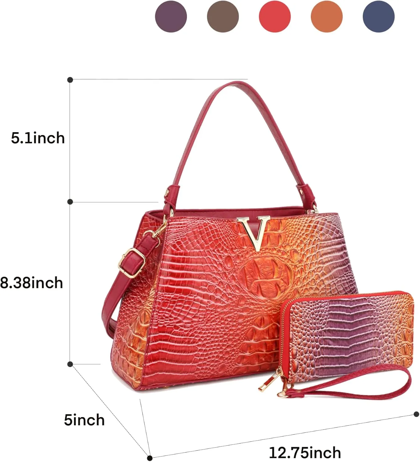 Top Handle Bag For Women, Crocodile Pattern Crossbody Designer Satchels, Adjustable Strap With Wallet For Ladies 2pcs