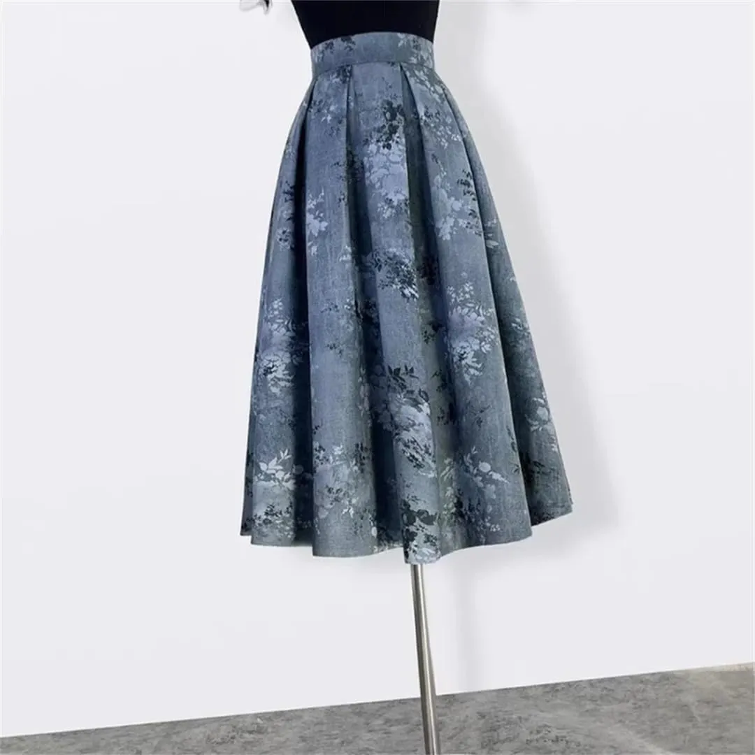 Trend Chinese Style Winter Vintage Elegant Women Navy Blue Print High Waist Long Pleated PU Midi Skirt