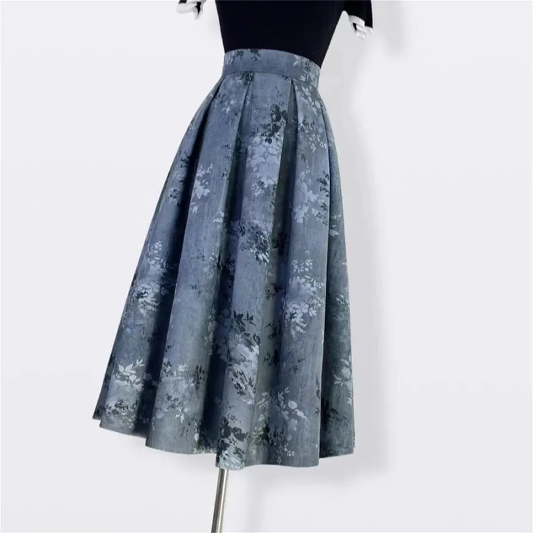Trend Chinese Style Winter Vintage Elegant Women Navy Blue Print High Waist Long Pleated PU Midi Skirt