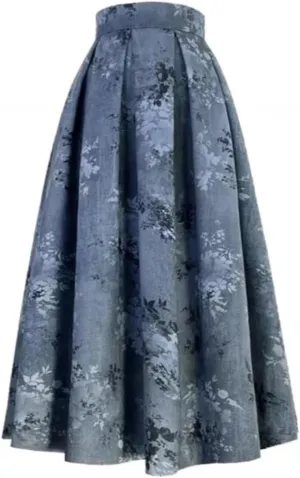 Trend Chinese Style Winter Vintage Elegant Women Navy Blue Print High Waist Long Pleated PU Midi Skirt