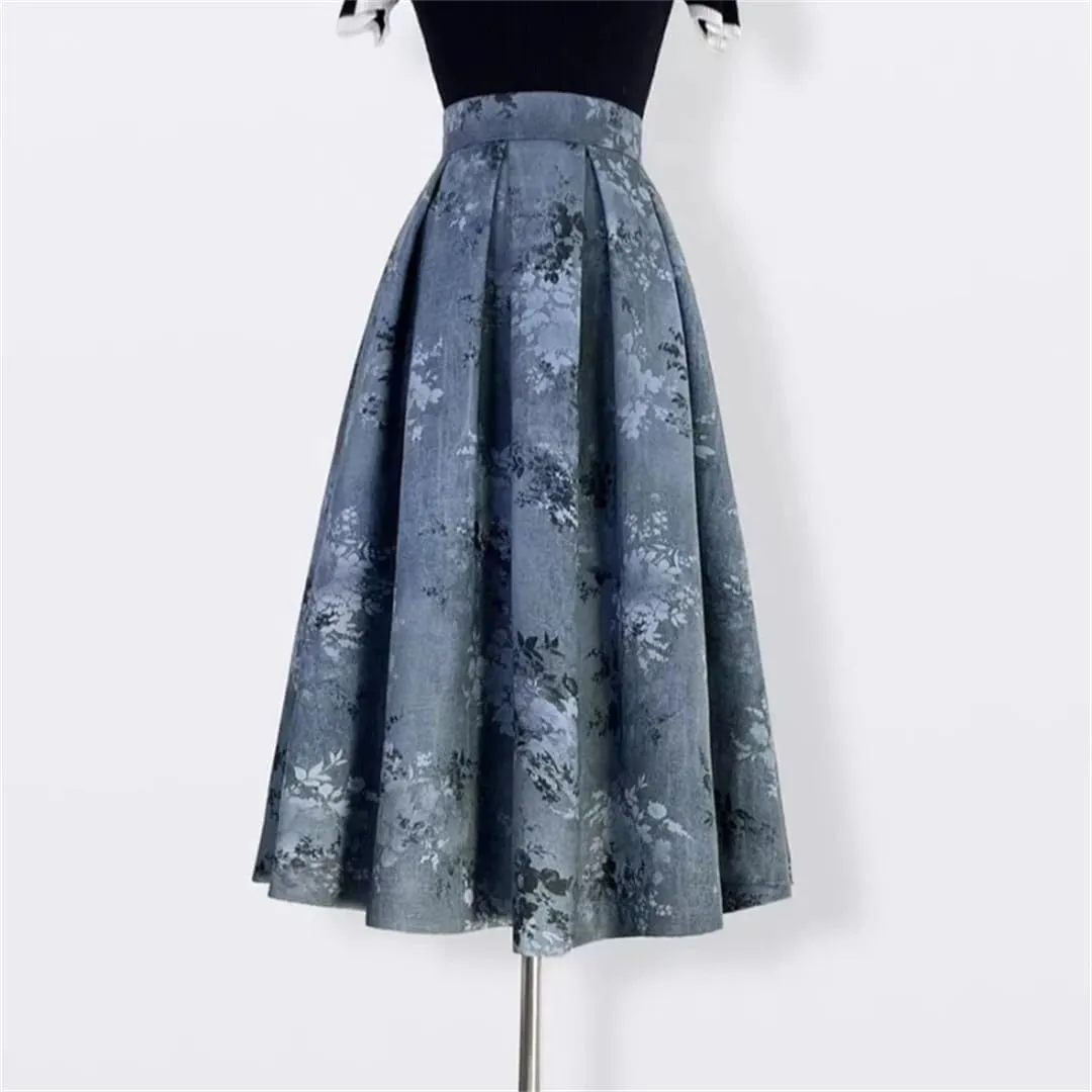 Trend Chinese Style Winter Vintage Elegant Women Navy Blue Print High Waist Long Pleated PU Midi Skirt