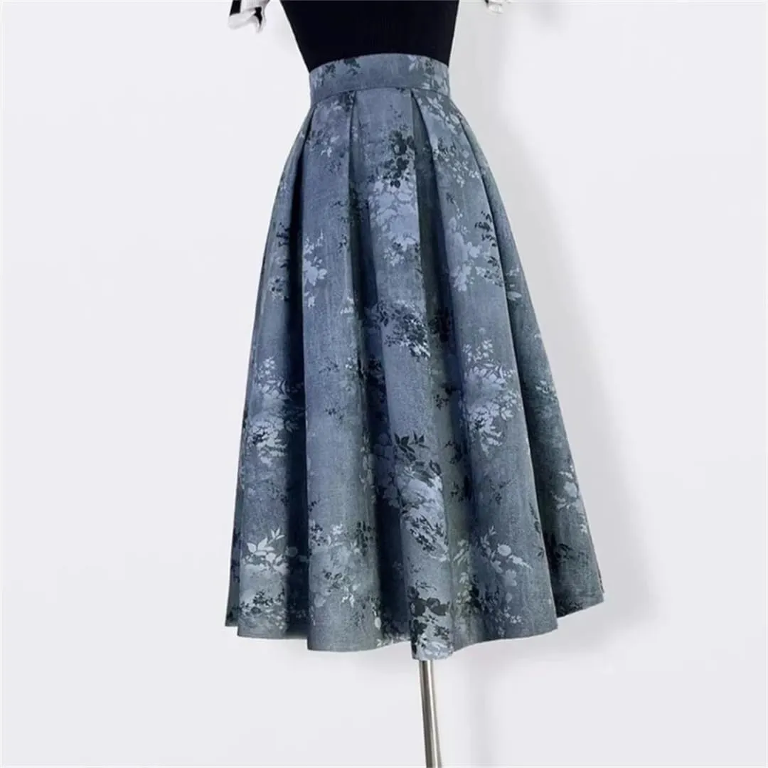 Trend Chinese Style Winter Vintage Elegant Women Navy Blue Print High Waist Long Pleated PU Midi Skirt