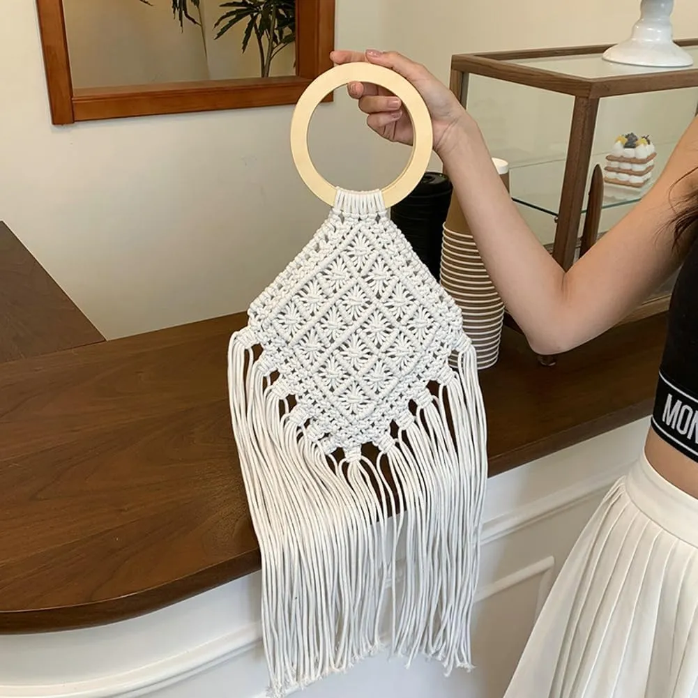 Vintage Beach Mesh Bag Ethnic Style Hobo Purse for Women Small Tote Handbag Bohemian Tassel Purses Clutch Bags for Summer