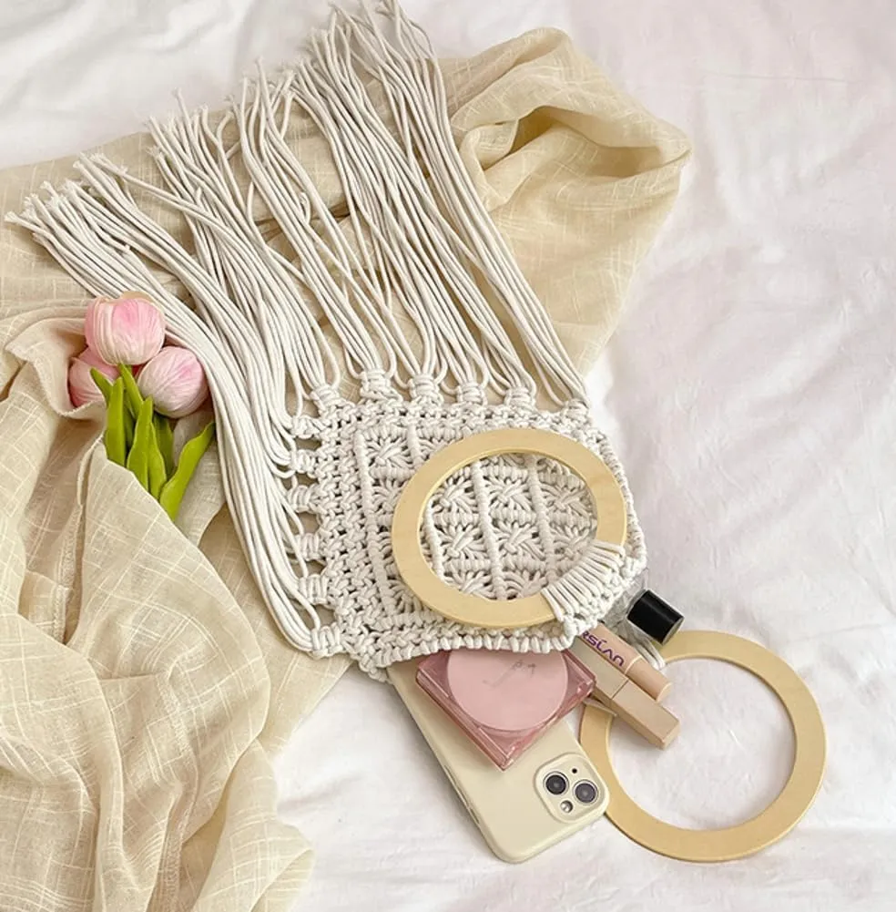 Vintage Beach Mesh Bag Ethnic Style Hobo Purse for Women Small Tote Handbag Bohemian Tassel Purses Clutch Bags for Summer
