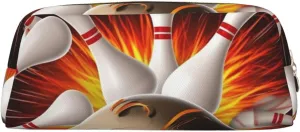 Vintage Sport Bowling Ball Makeup Bag Travel Toiletry Bag Big Pencil Bag for Women Men Leather Zipper Coin Pouch Purse