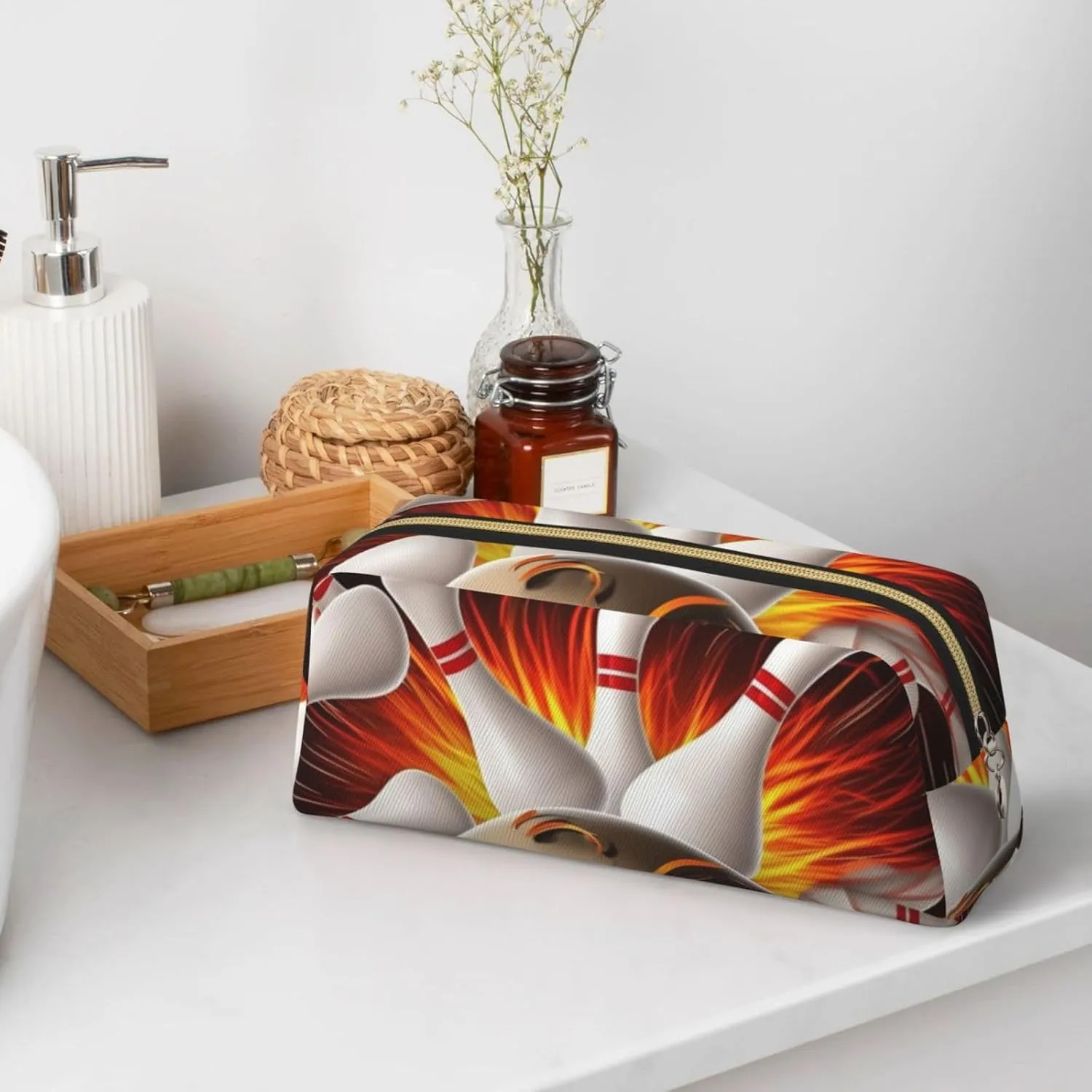 Vintage Sport Bowling Ball Makeup Bag Travel Toiletry Bag Big Pencil Bag for Women Men Leather Zipper Coin Pouch Purse