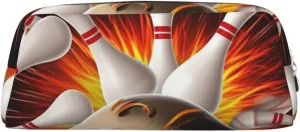 Vintage Sport Bowling Ball Makeup Bag Travel Toiletry Bag Big Pencil Bag for Women Men Leather Zipper Coin Pouch Purse