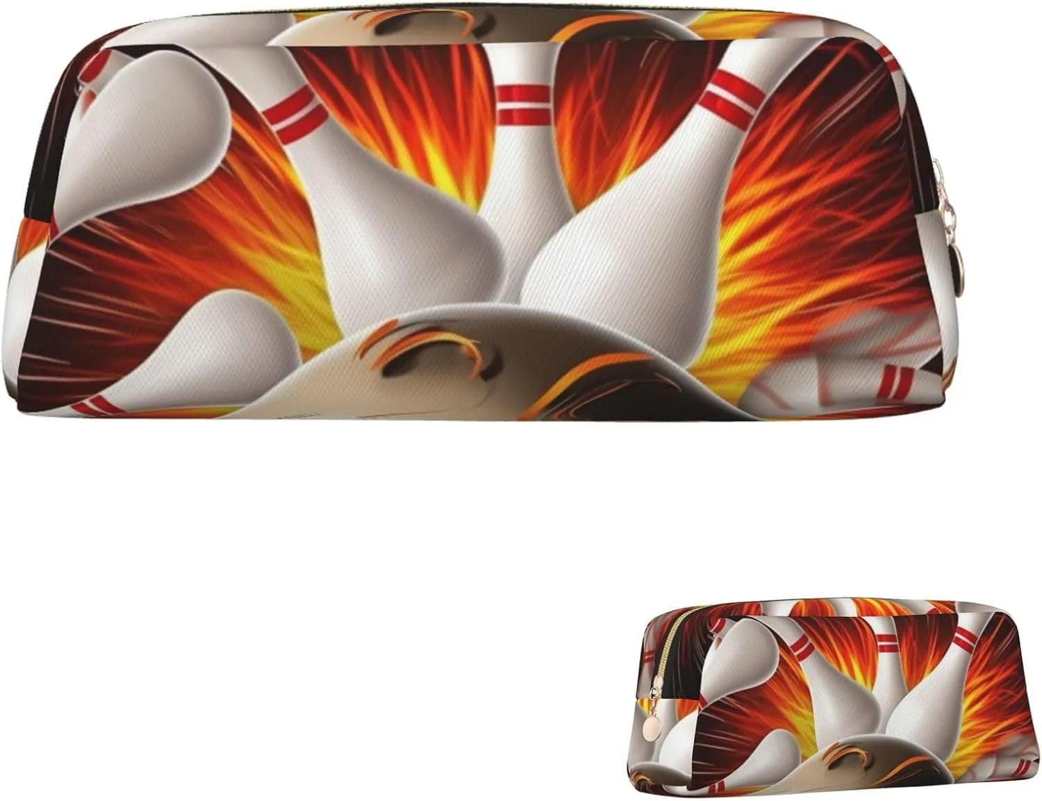 Vintage Sport Bowling Ball Makeup Bag Travel Toiletry Bag Big Pencil Bag for Women Men Leather Zipper Coin Pouch Purse