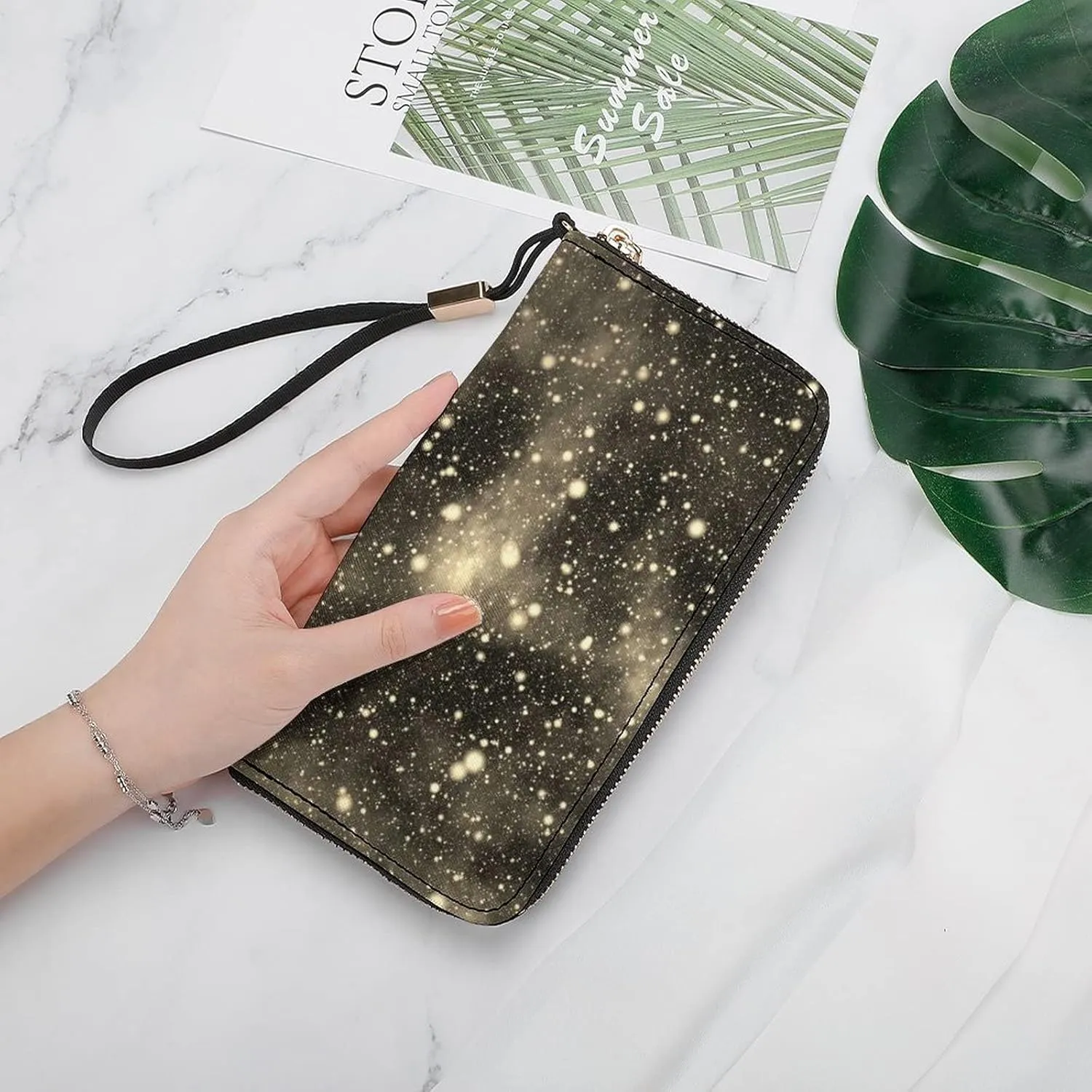 Vintage Universe, Nebula Night Starry Sky Rainbow Glittering Galaxy Long Clutch Wallet, Long Handbag with Removable Wristlet Strap, PU Leather Zip Purse, Credit Pass Case Card-Holder for Men Women
