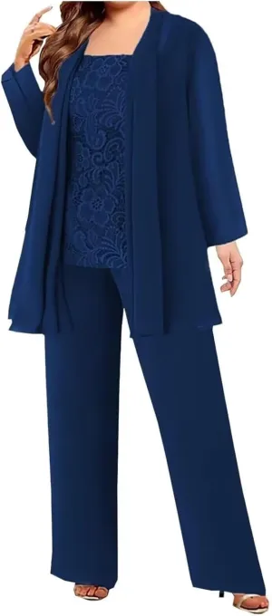 VK Selec Mother of The Bride Plus Size Elegant Pant Suit Formal Gown Outfit with Lace Jacket Wedding Formal Evening Gown