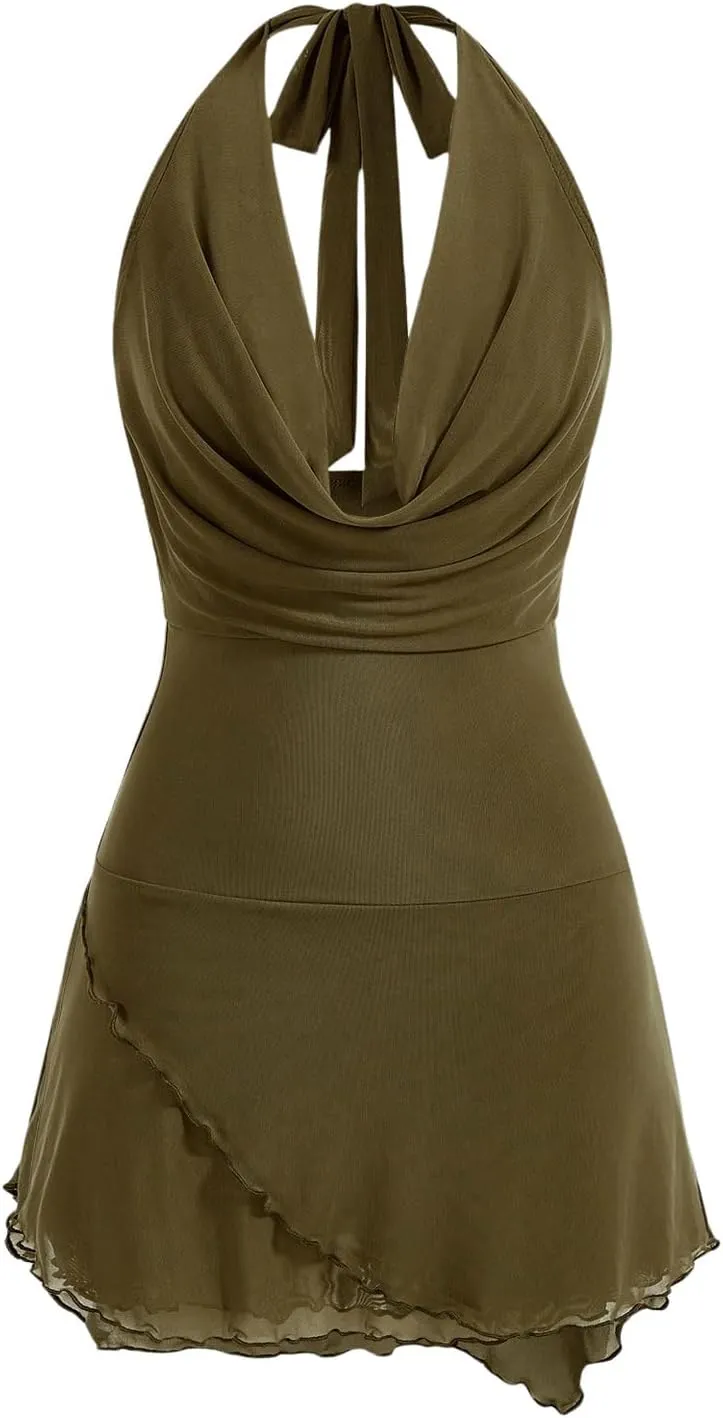 WDIRARA Women's Cowl Neck Halter Dress Mesh Backless Mini Dresses
