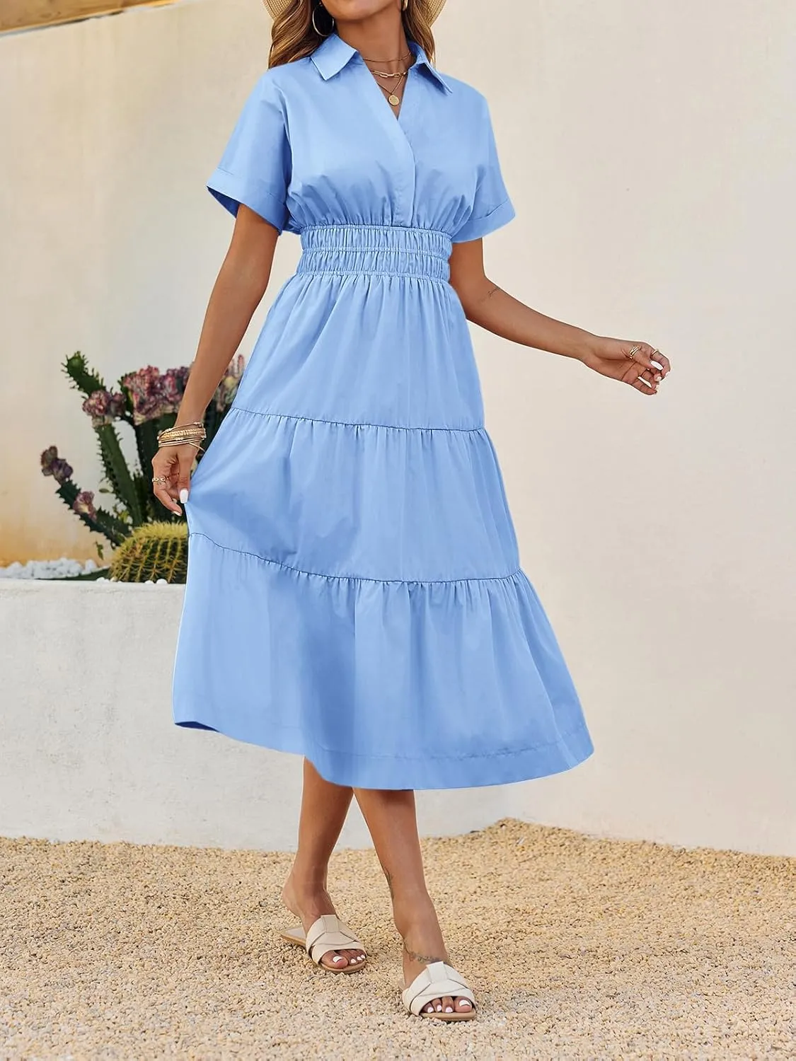 Wenrine Womens Summer Short Sleeve Maxi Dresses Casual V Neck Smocked Loose Tiered Flowy Shirt Dress with Pockets