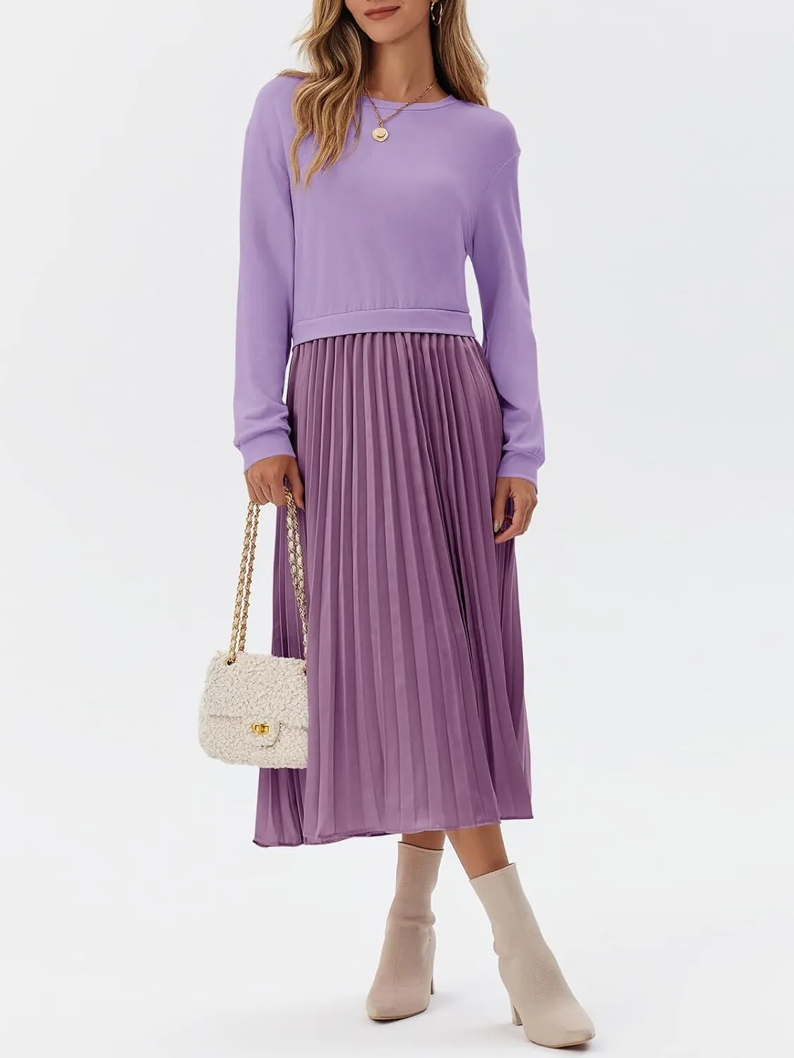 Wenrine Womens Sweatshirt Dress Casual Patchwork Long Sleeve Crewneck Pleated Fall Maxi Dresses