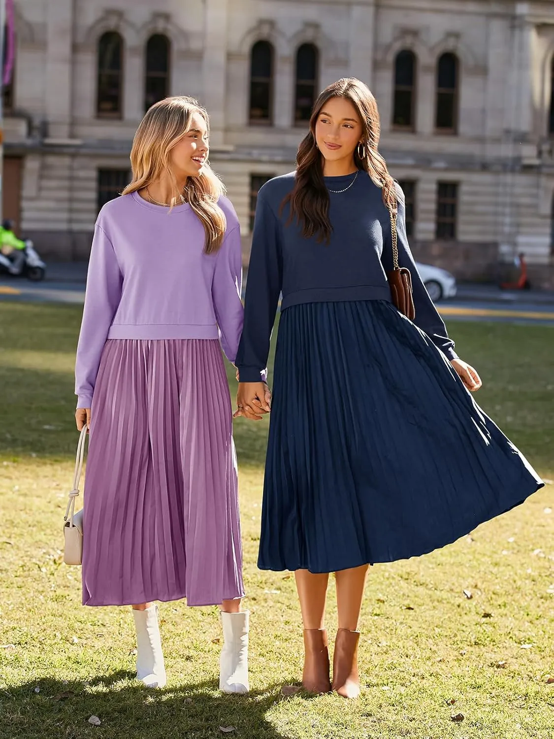 Wenrine Womens Sweatshirt Dress Casual Patchwork Long Sleeve Crewneck Pleated Fall Maxi Dresses