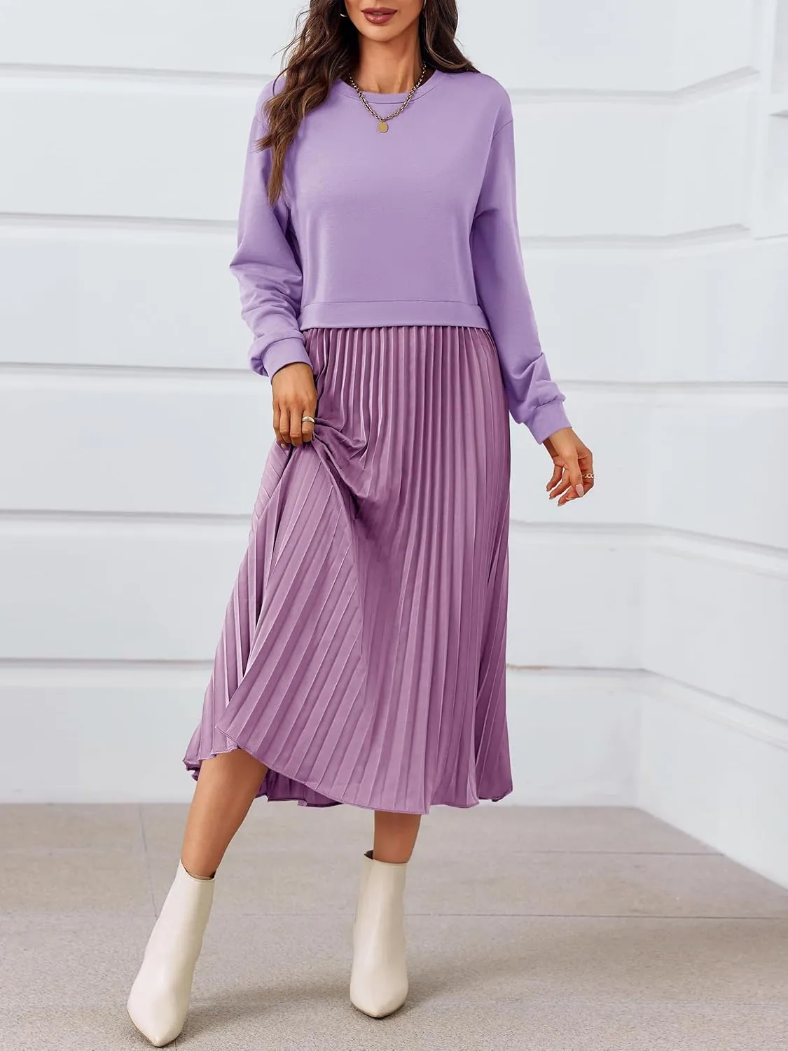 Wenrine Womens Sweatshirt Dress Casual Patchwork Long Sleeve Crewneck Pleated Fall Maxi Dresses
