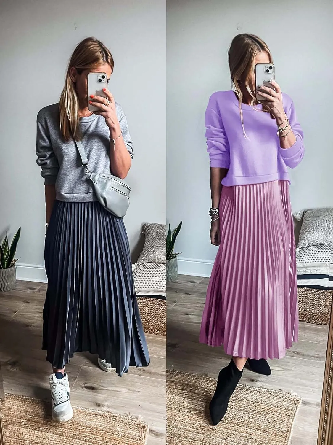 Wenrine Womens Sweatshirt Dress Casual Patchwork Long Sleeve Crewneck Pleated Fall Maxi Dresses