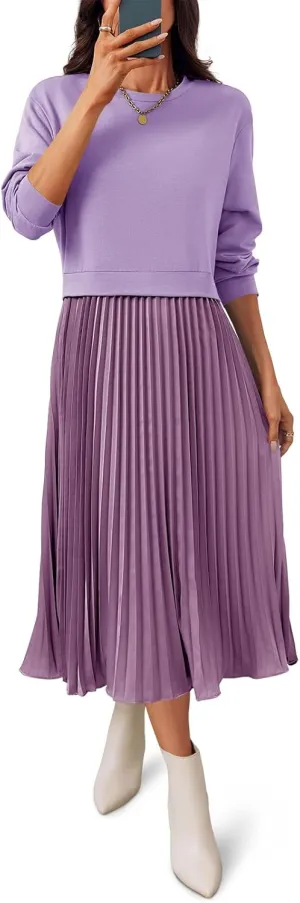 Wenrine Womens Sweatshirt Dress Casual Patchwork Long Sleeve Crewneck Pleated Fall Maxi Dresses