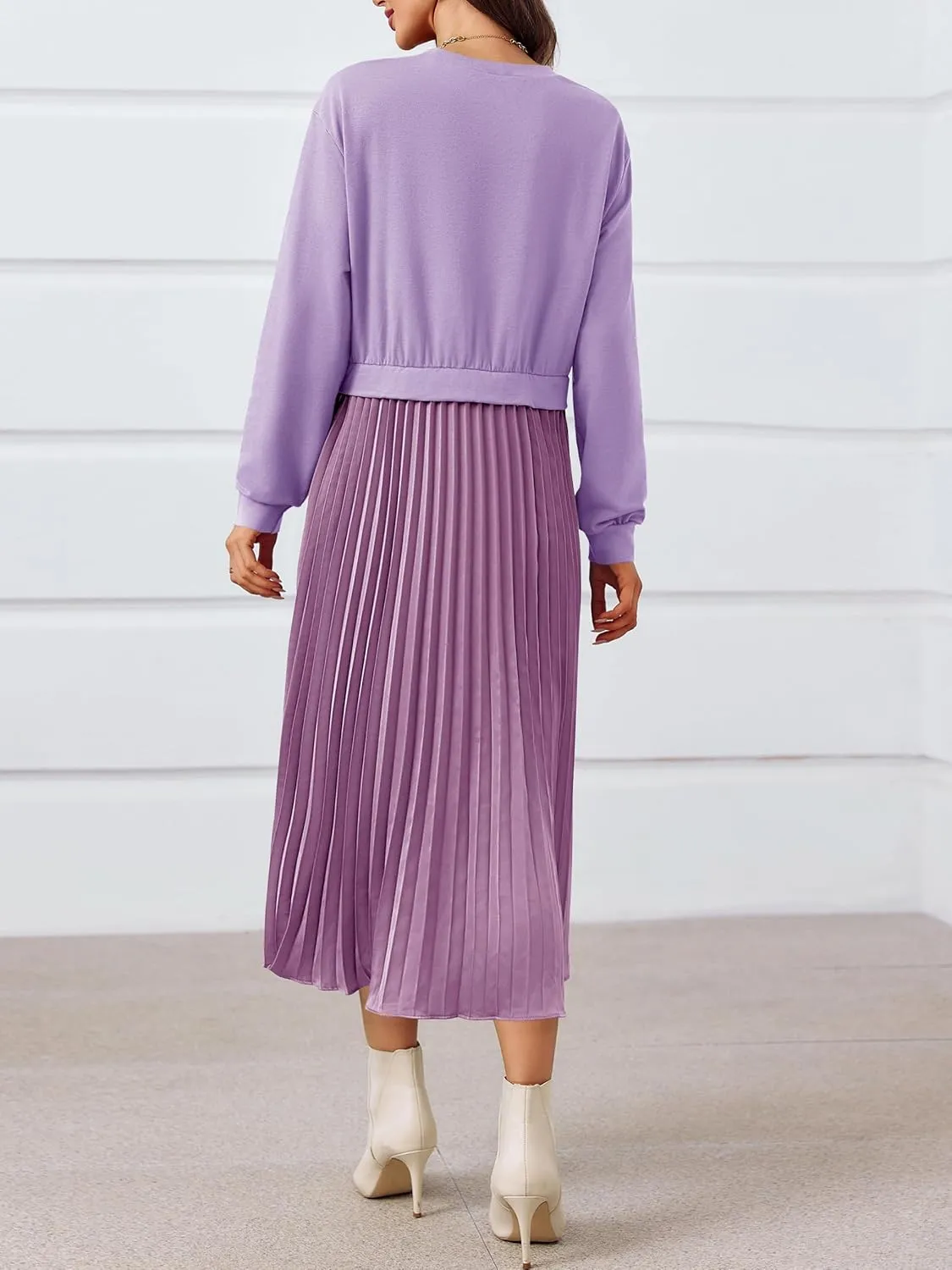 Wenrine Womens Sweatshirt Dress Casual Patchwork Long Sleeve Crewneck Pleated Fall Maxi Dresses