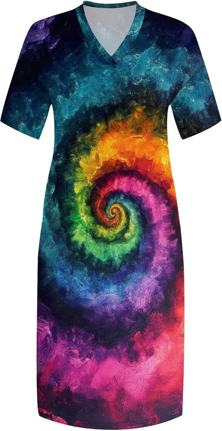 Women Casual T-Shirt Dress V Neck Short Sleeve with Front Two Pockets Solid Color Oversize Dresses